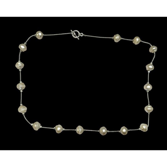 Elegant Faux Pearl Station Necklace On Silver Tone Chain - Picture 1 of 6